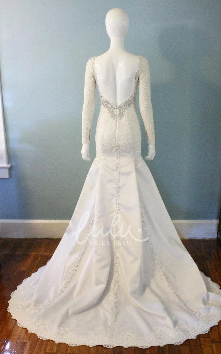 Long Sleeve Lace Satin Dress with Beading and V-Neckline Wedding Gown