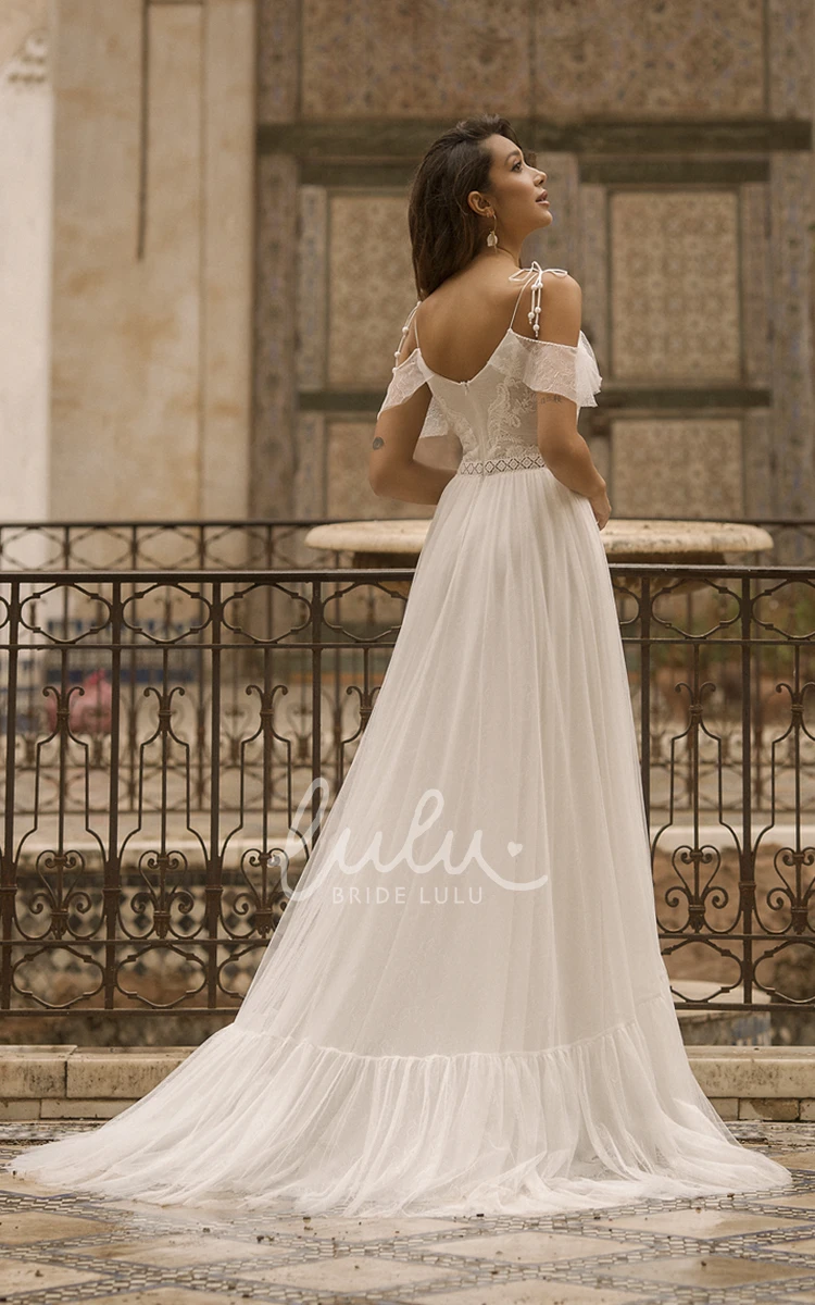 Adorable Tulle Off-shoulder Spaghetti Strap Wedding Dress with Lace Details