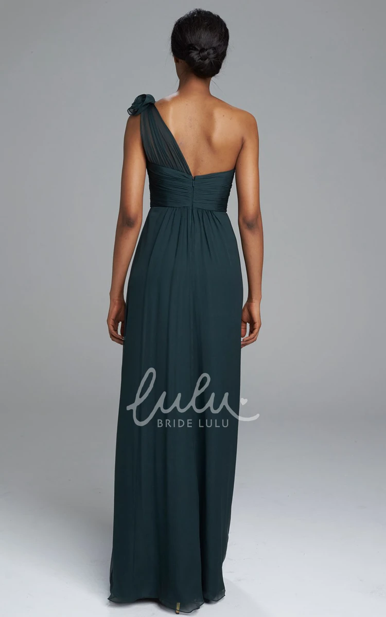 One-Shoulder Chiffon Bridesmaid Dress with Ruched Epaulet Sleeveless Maxi Sheath