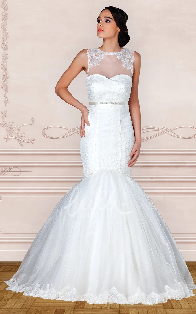 Sleeveless Satin Wedding Dress with Beading Jewel-Neck Trumpet Floor-Length Dress