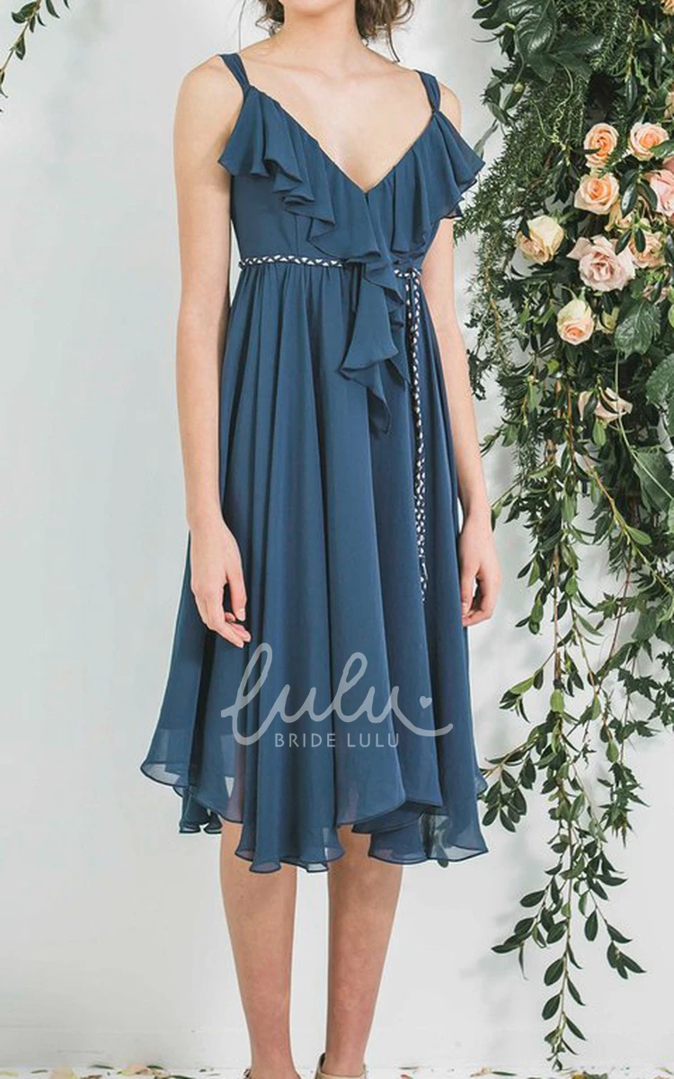 Empire V-Neck Chiffon Bridesmaid Dress Tea-Length Draped Sleeveless