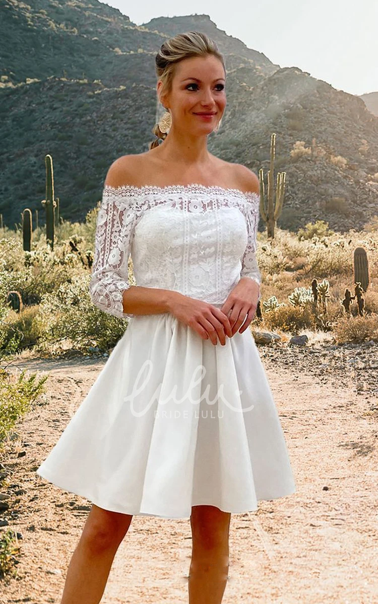 Lace Illusion A Line Wedding Dress with Ruching 3/4 Sleeve Informal