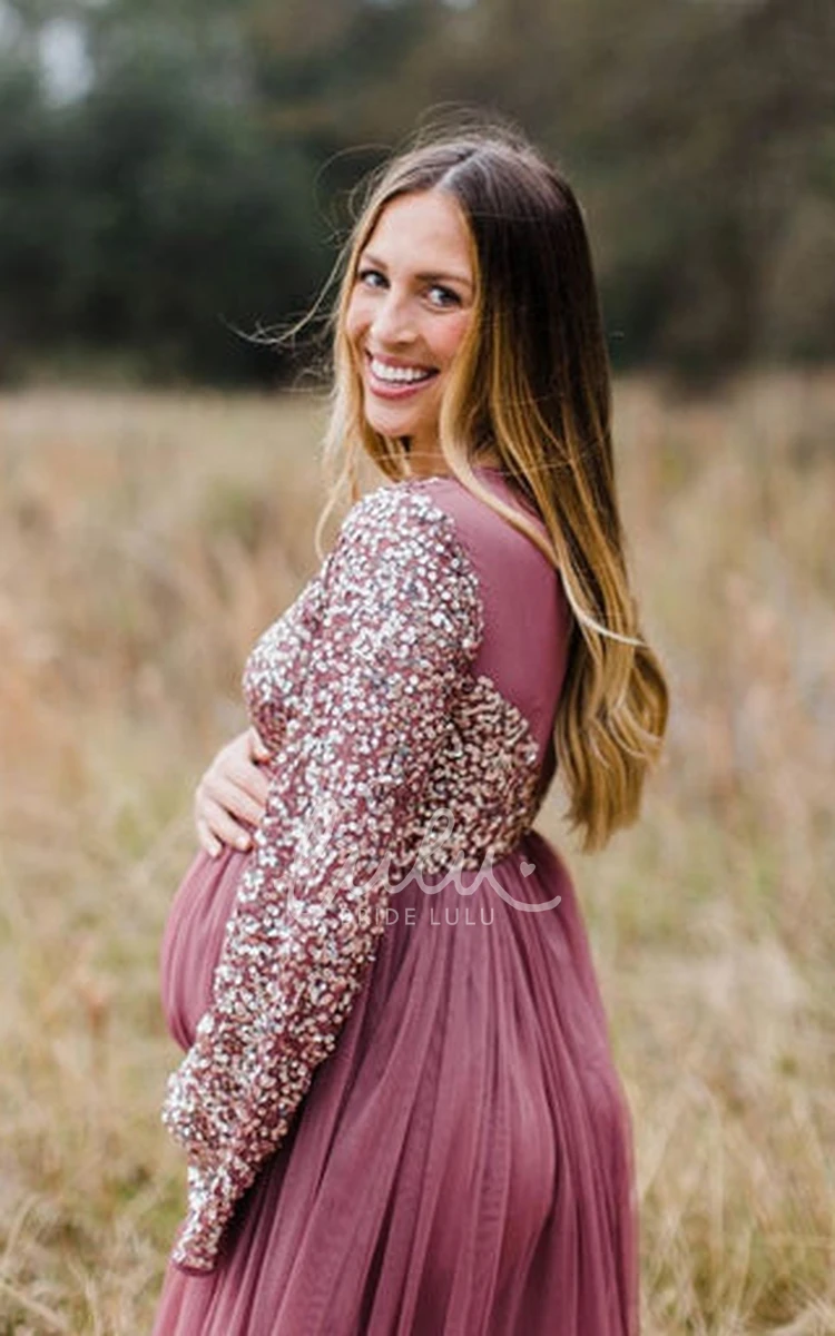 Sequin Maternity Guest Dress with Long Sleeves and V-Neck in Grape Tulle