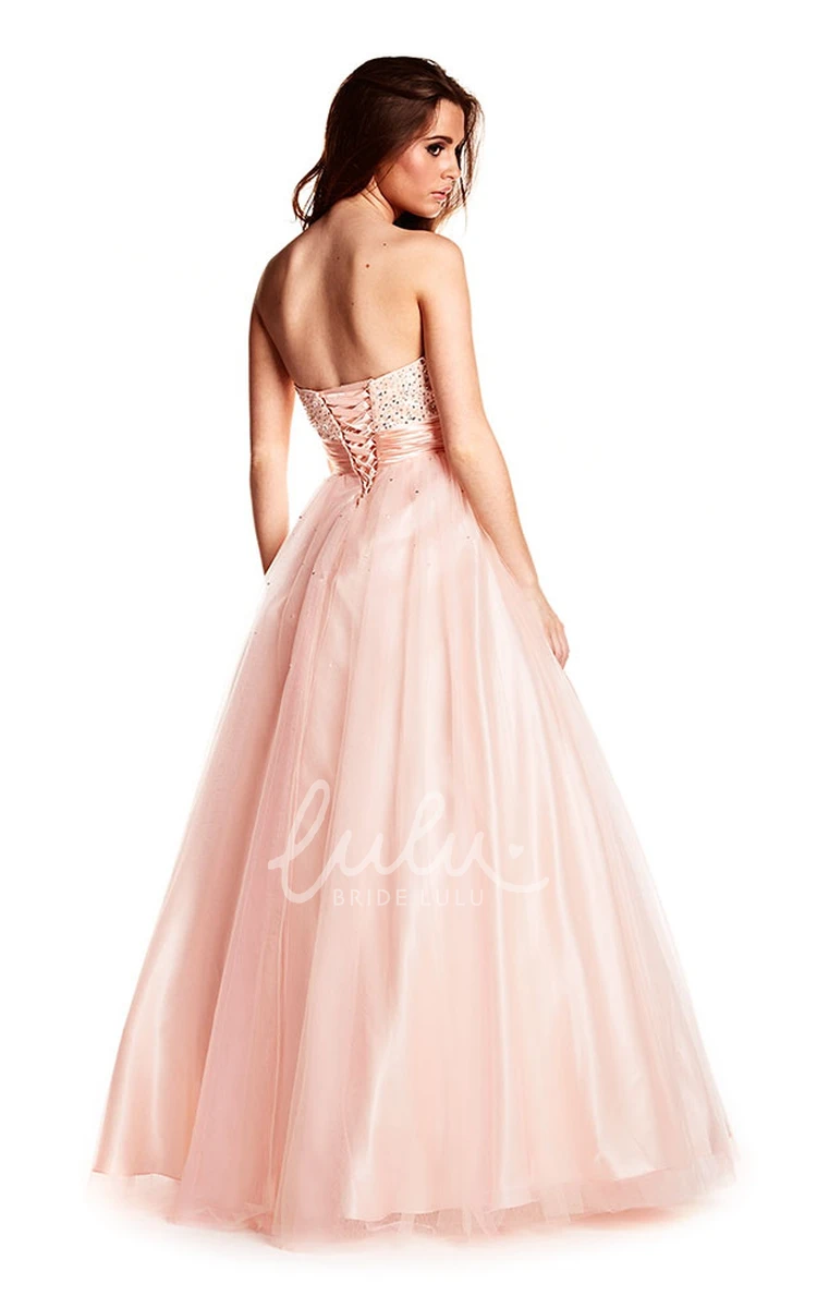 Maxi A-Line Tulle and Satin Prom Dress with Beaded Bodice and Strapless Design