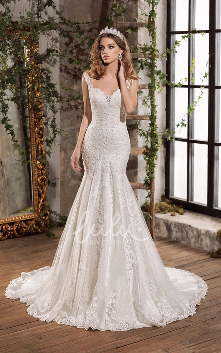 Lace and Tulle Notched Floor Length Bridal Gown with Chapel Train