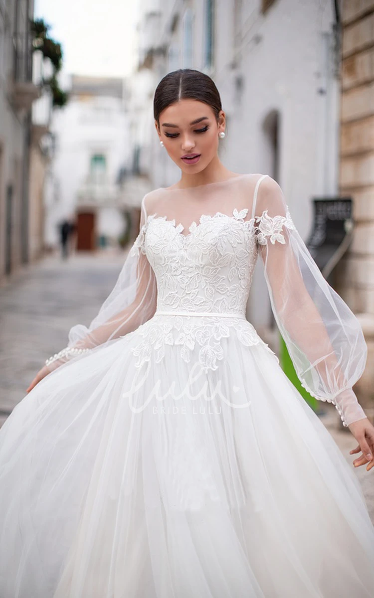 Tulle Bateau Neck Illusion Long Sleeve Bridal Dress