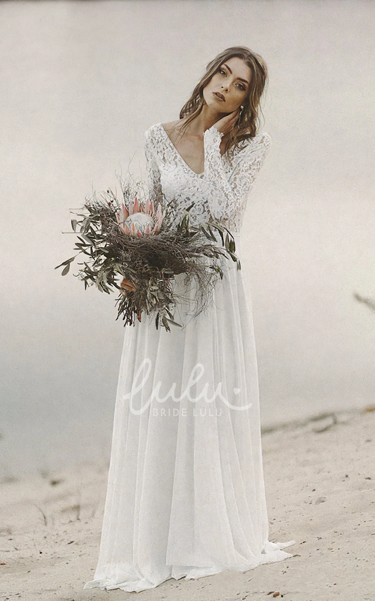 A-line V-neck Wedding Dress with Long Lace Sleeves and Simple Elegance