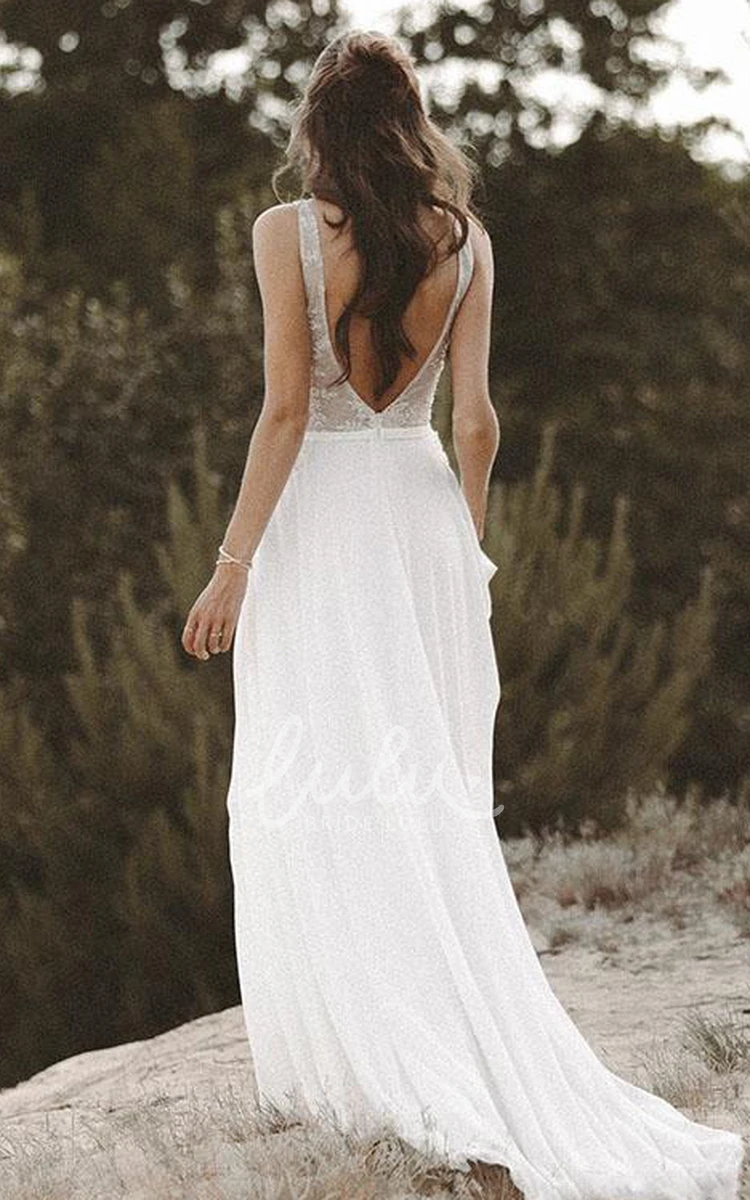 Chiffon Lace Low-V Back Wedding Dress with Beading A-Line Sleeveless Sexy Illusion