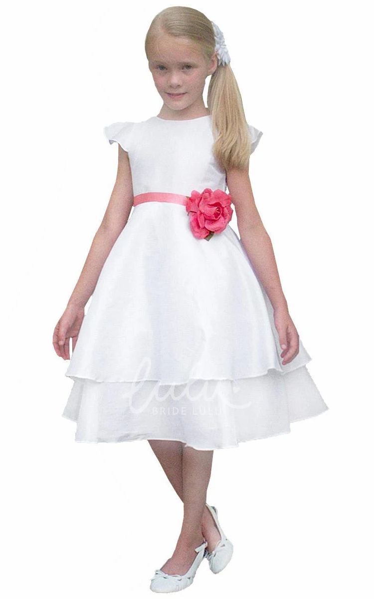 Cap-Sleeve Taffeta Tea-Length Flower Girl Dress for Weddings