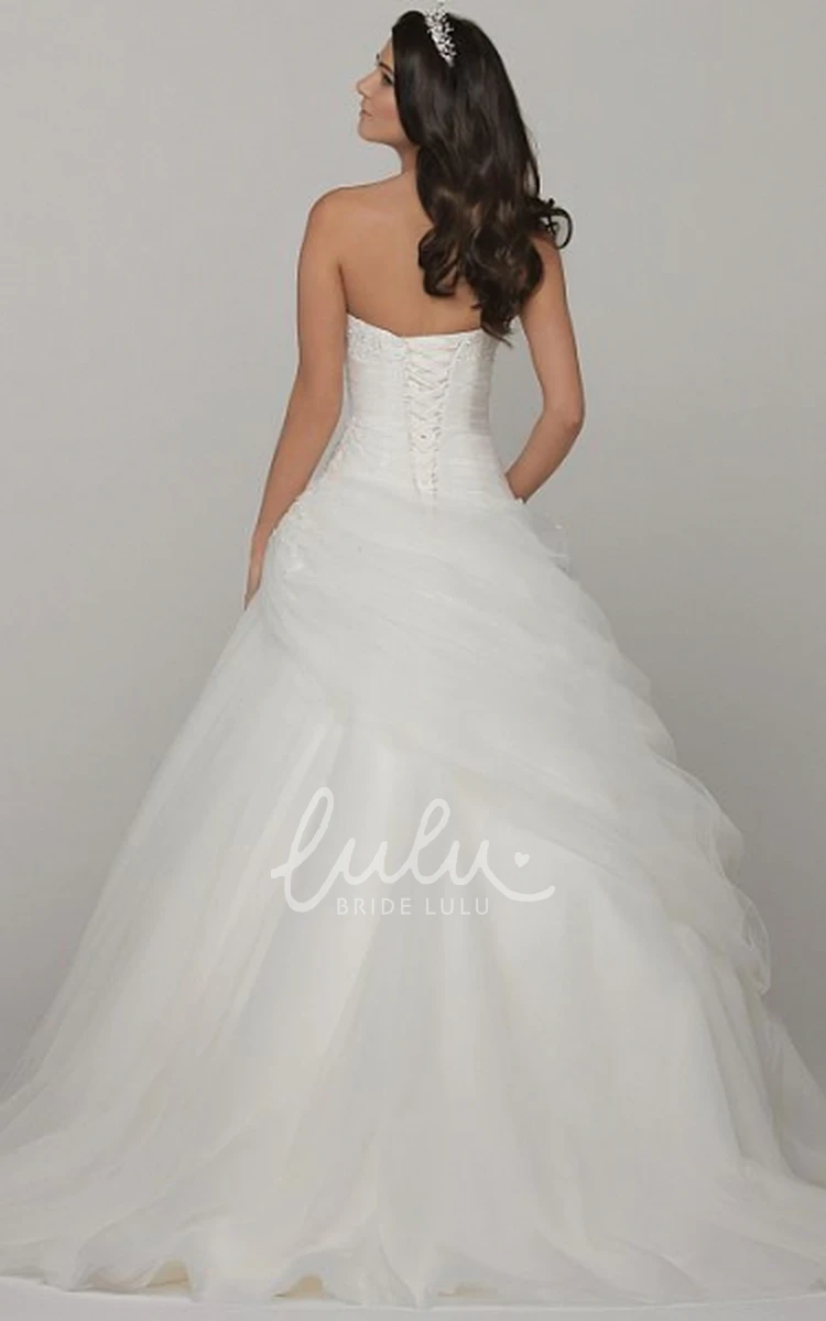 Strapless Sleeveless Ball Gown Tulle Wedding Dress with Pick Up Long Beaded