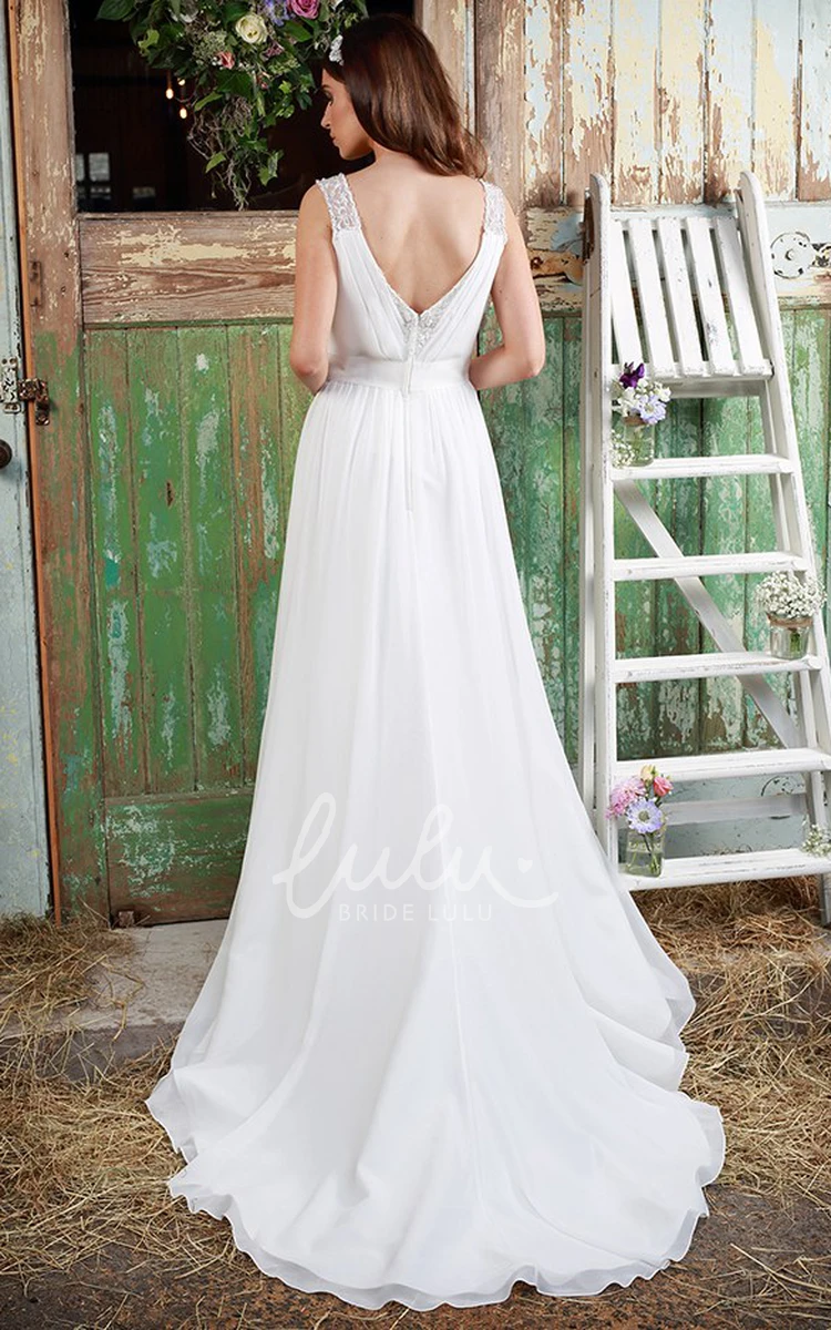 Beaded V-Neck Chiffon Wedding Dress Sleeveless Ruched