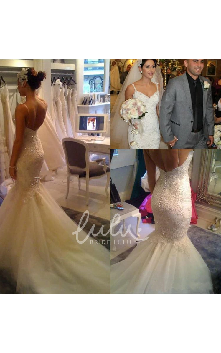 Deep-V Back Tulle Lace Mermaid Wedding Dress with Spaghetti Straps
