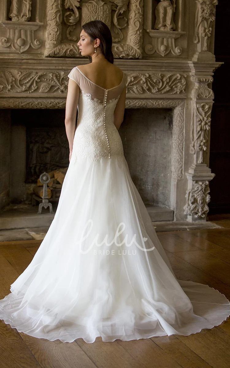 Floor-Length Lace A-Line Wedding Dress with V Back and Cap-Sleeves Chic Bridal Gown