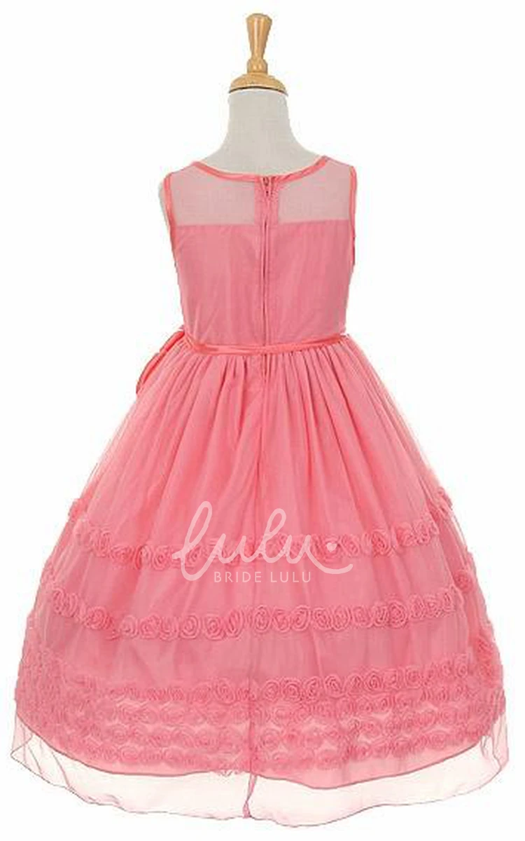 Floral Tea-Length Flower Girl Dress with Embroidery and Ribbon