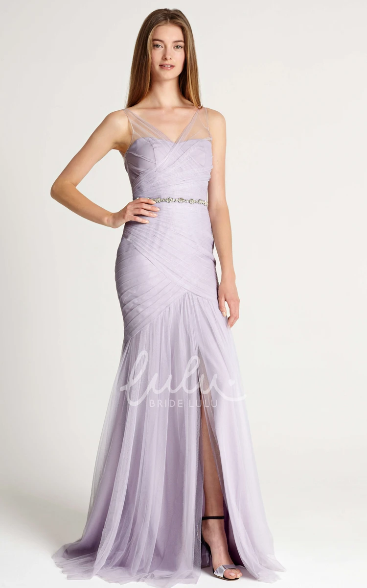 Mermaid V-Neck Ruched Tulle Bridesmaid Dress with Waist Jewelry Classy Bridesmaid Dress