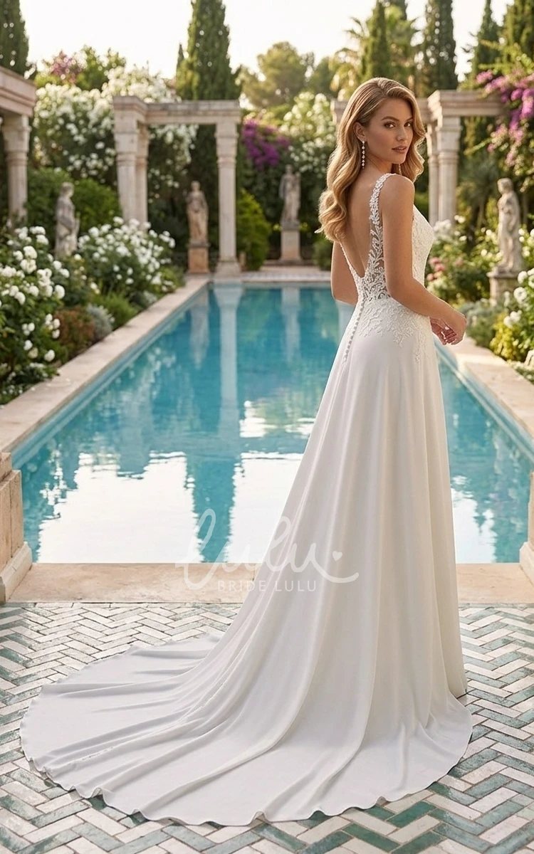 Ethereal Romantic Sheath Plunging Neckline Floor-length Chiffon Lace Spring Wedding Dress Sexy Elegant Appliques Sleeveless Deep-V Back with Button Zipper Bridal Gown
