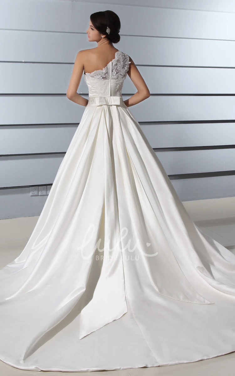 Satin Wedding Dress with Lace Bodice One-Shoulder Chapel Train A-Line