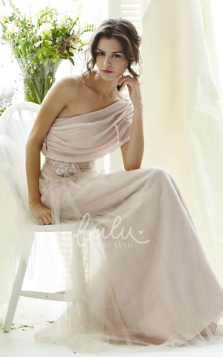 One-Shoulder Jeweled Sleeveless Tulle Prom Dress Flowy Prom Dress