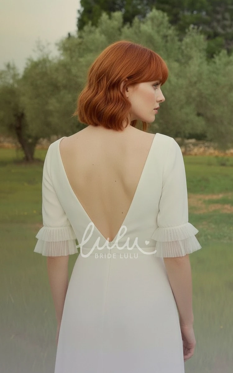 Minimalist Puff Sleeve Modern Wedding Dress Simple Satin Open Back Bridal Gown with Slit