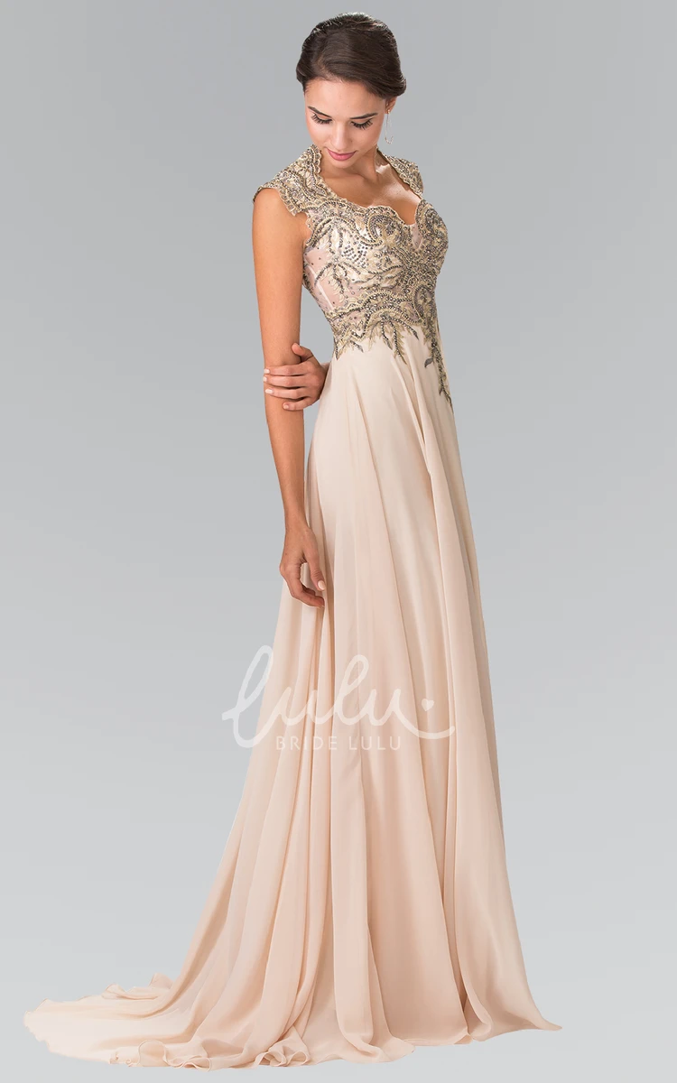 A-Line Chiffon Sleeveless Illusion Formal Dress With Beading and Pleats Queen Anne Style