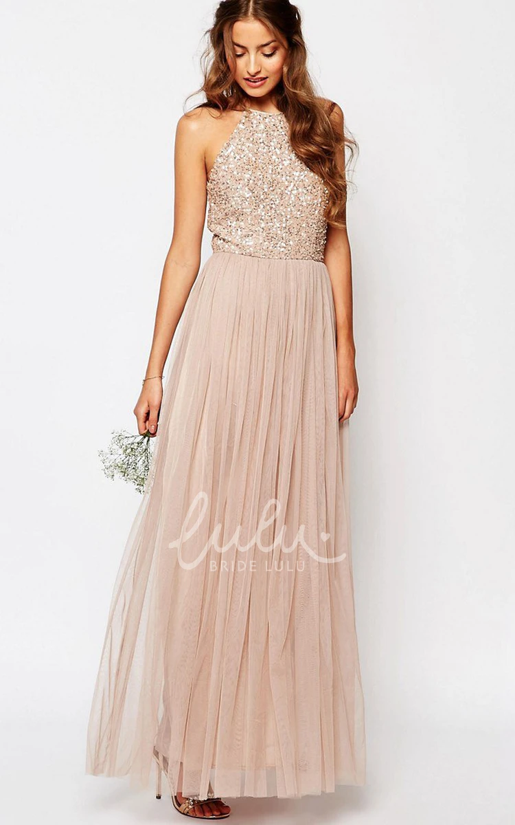 High Neck Tulle Bridesmaid Dress with Beading and Sleeveless A-Line