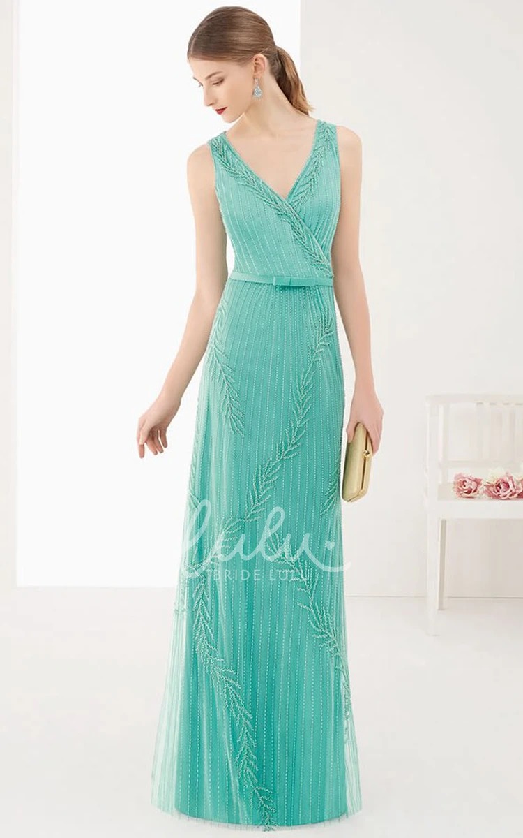 Tulle Prom Dress with Beadings & Bow Belt Long Bridesmaid Dress