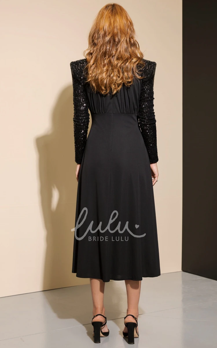 Sexy Long Sleeved A Line V-neck Jersey Evening Dress Sequined