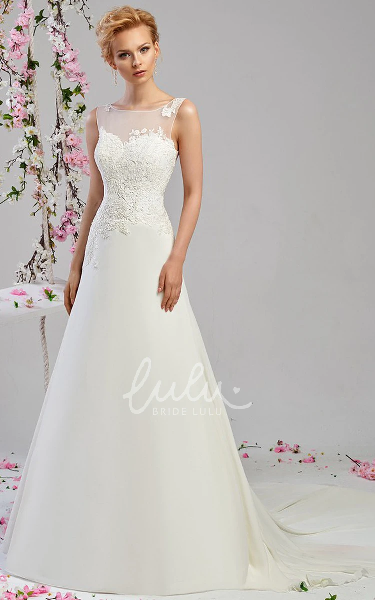 Sleeveless Appliqued Chiffon and Satin Wedding Dress A-Line Style