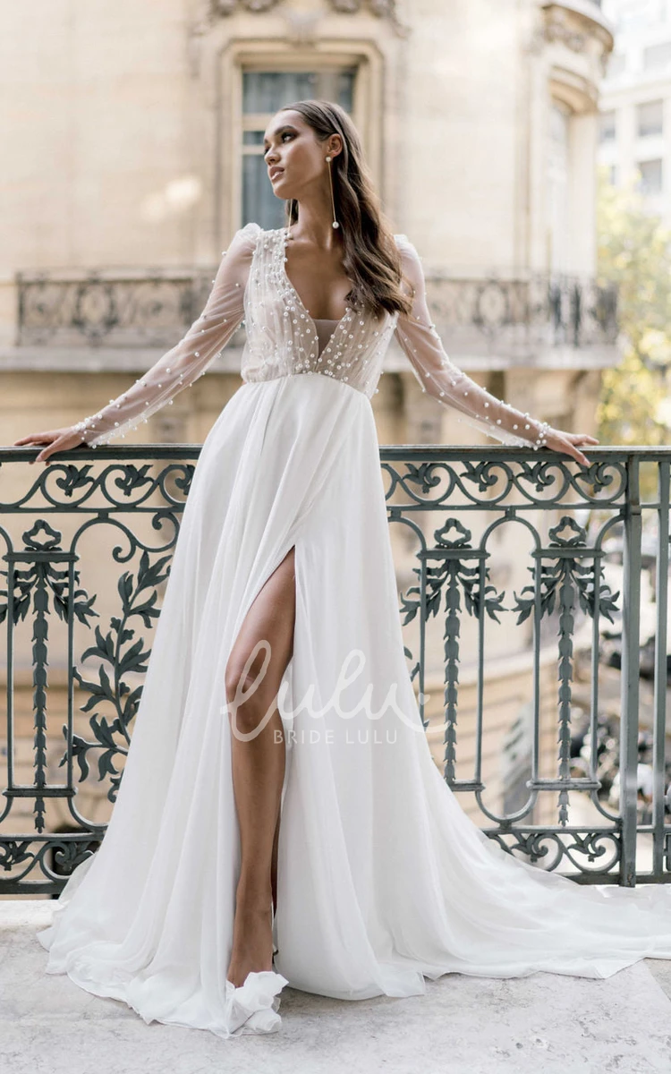 Romantic Sexy Chiffon Beaded A-Line V-neck Wedding Dress Elegant Vintage Long Sleeve Floor-length Split Bridal Gown with Train