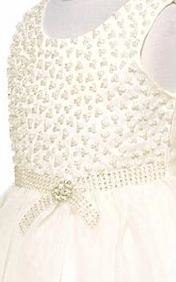 Organza & Satin Beaded Cap-Sleeve Tea-Length Flower Girl Dress with Cape