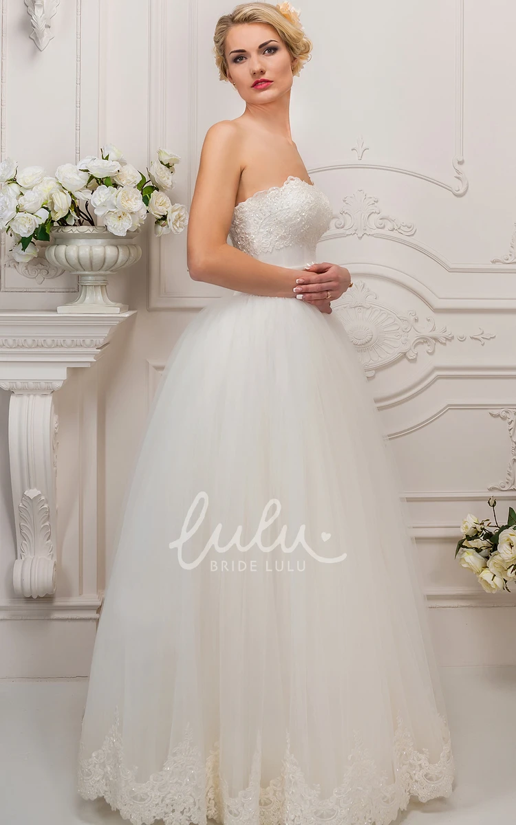 Strapless A-Line Tulle Wedding Dress with Appliques and Pleats