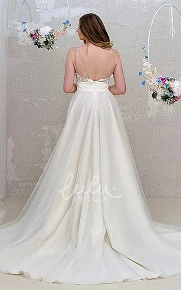 Romantic Tulle Open Back Wedding Dress with Split Front and Floor-length A Line