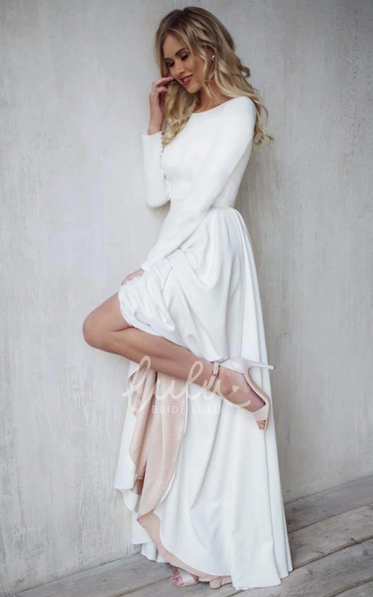 Satin A Line High-Low Wedding Dress with Bateau Long Sleeves and Open Back Classy Bridal Gown