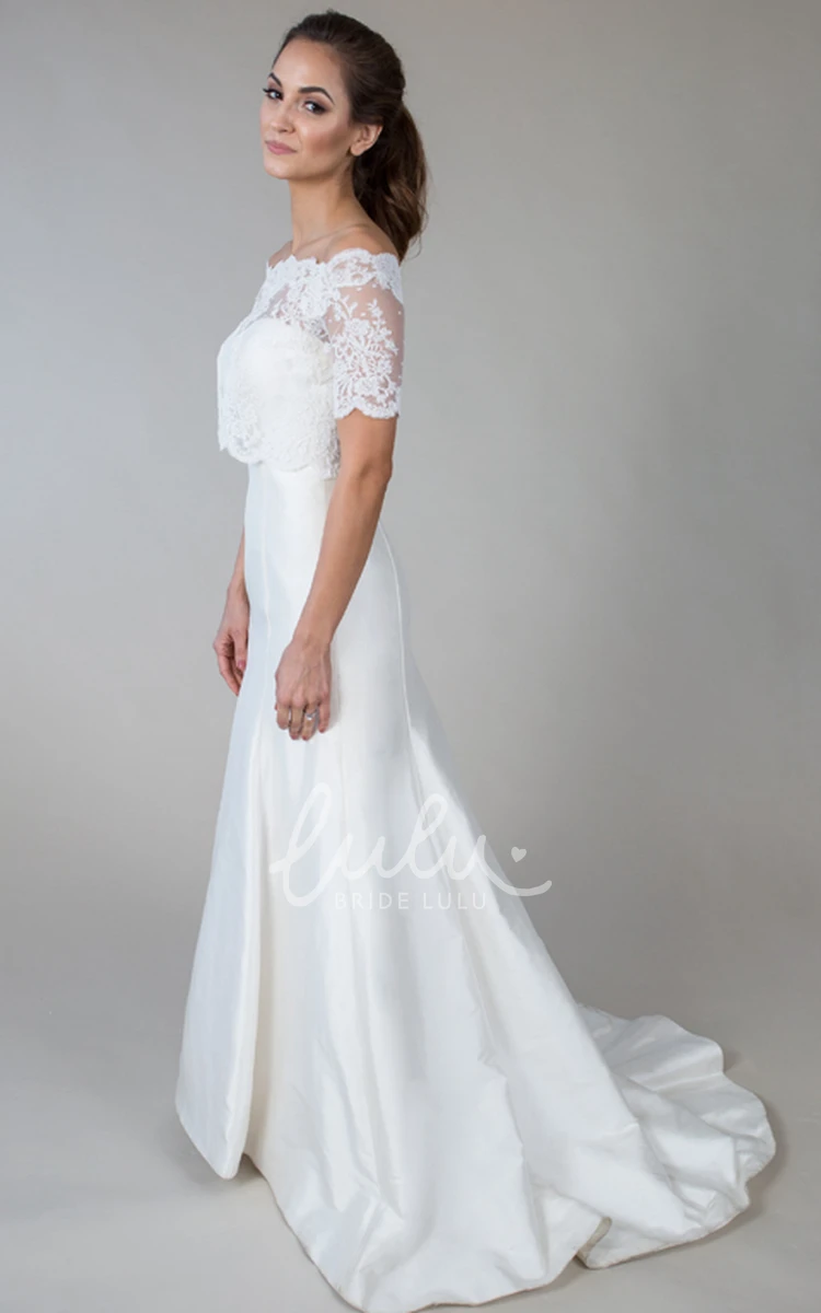 Short-Sleeve Off-The-Shoulder Satin&Lace Wedding Dress With Illusion Off-Shoulder Satin & Lace Short-Sleeve Wedding Dress