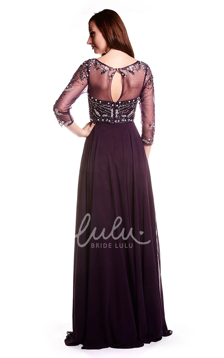 Beaded Bateau-Neck A-Line Chiffon Prom Dress with Pleats Floor-Length