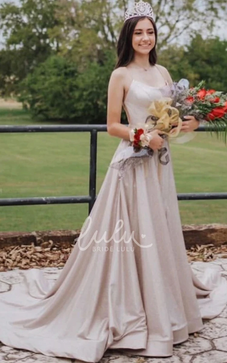 Satin Sleeveless A Line Formal Dress Court Train Romantic with Pockets