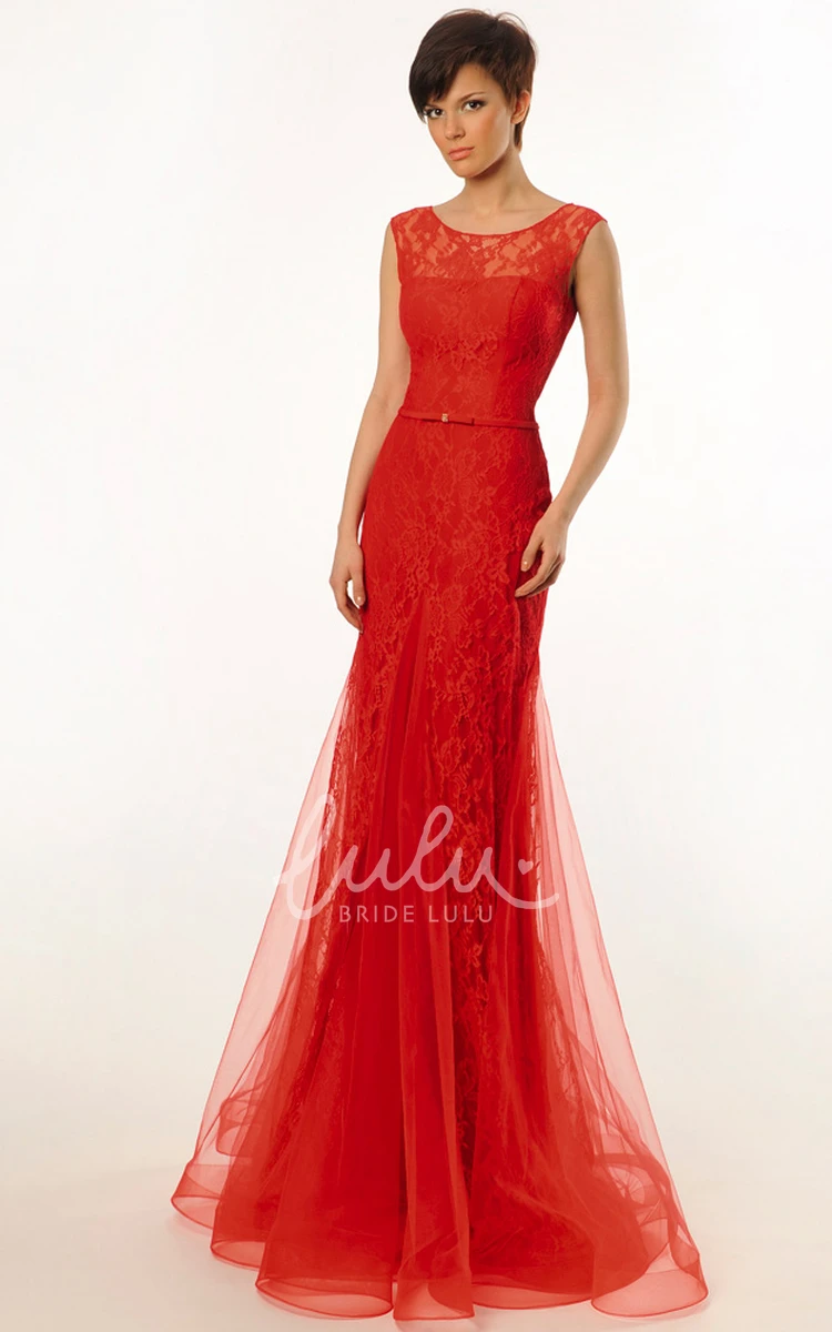 Lace&Tulle Sleeveless Trumpet Prom Dress with Ruffles and Low-V Back