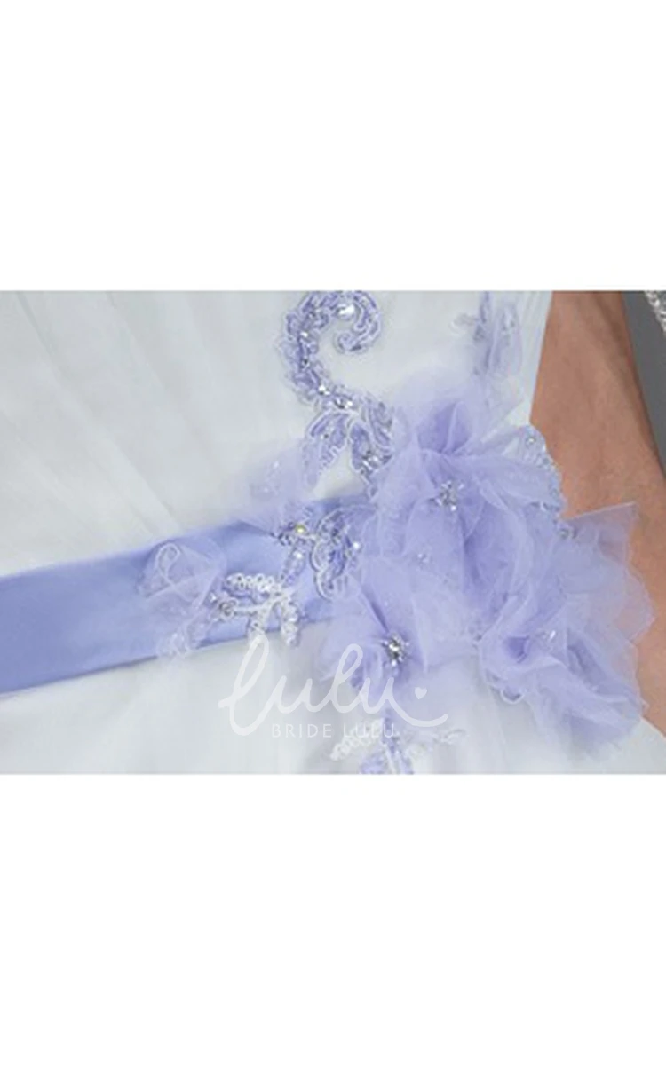 A-line Organza Strapless Wedding Dress with Purple Flower Sash