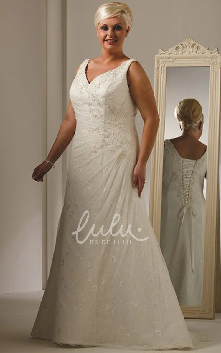 Lace V Neck Wedding Dress with Plus Size and Lace Up