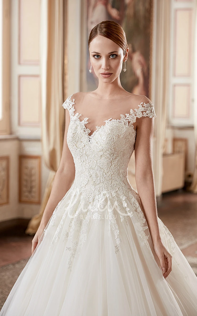 Appliqued Lace A-Line Wedding Dress with Cap Sleeves