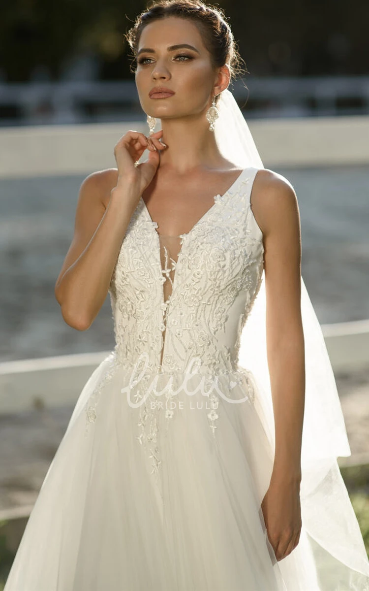 Sexy Plunging Neckline Tulle Sleeveless Wedding Dress With Appliques A-line