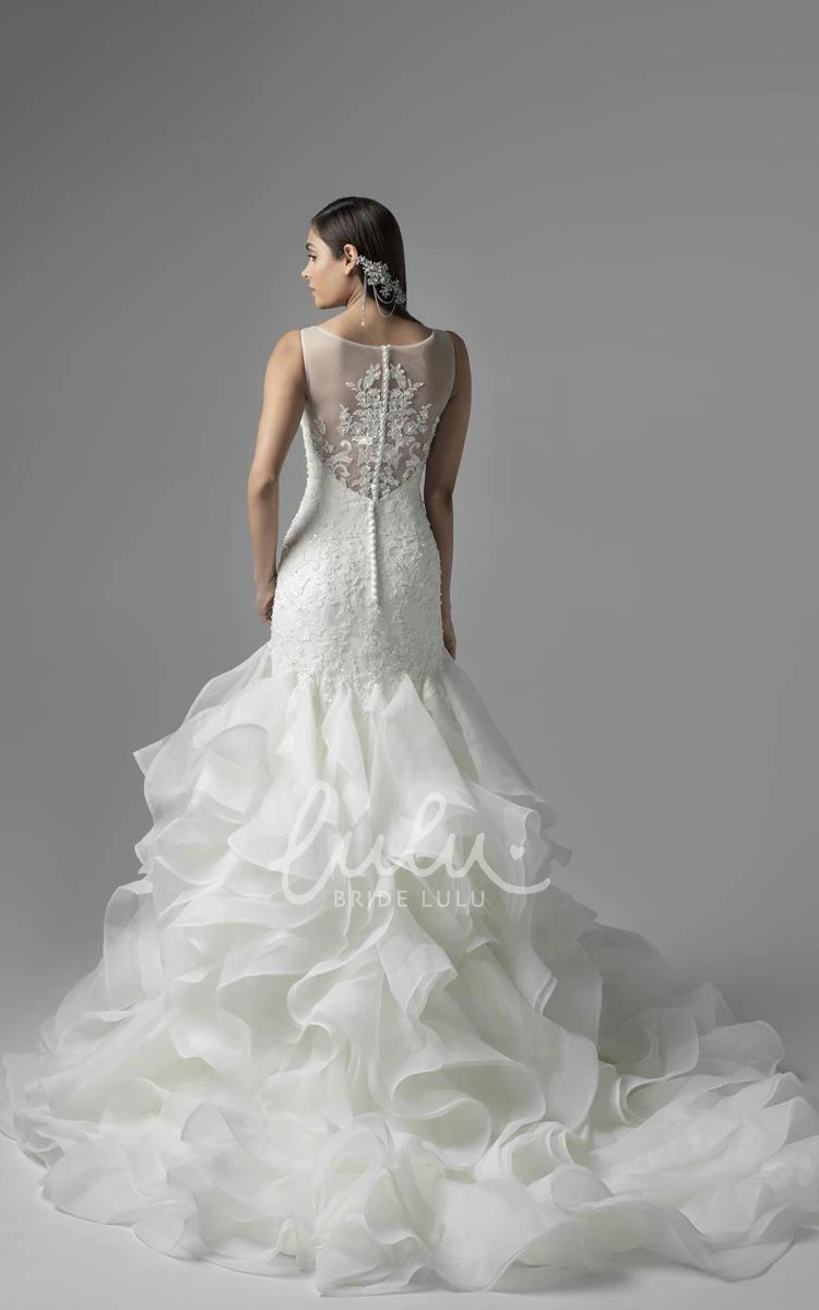 Scoop Appliqued Lace Wedding Dress with Court Train and Illusion Classy Lace Wedding Dress