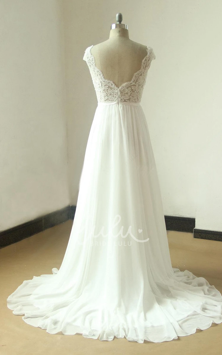 Ivory A-Line Chiffon Wedding Dress with Sheer Lace Scallop Back Classic Style