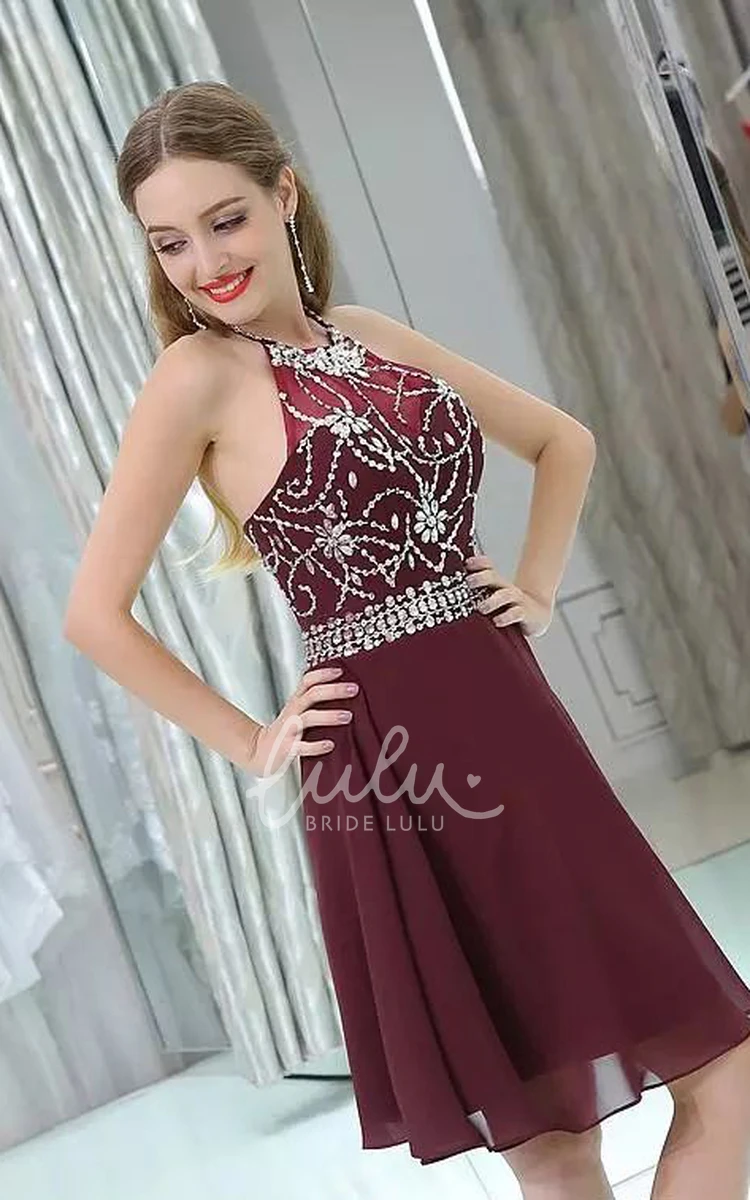 Halter Neckline Chiffon Homecoming Dress with A-line Silhouette and Beading