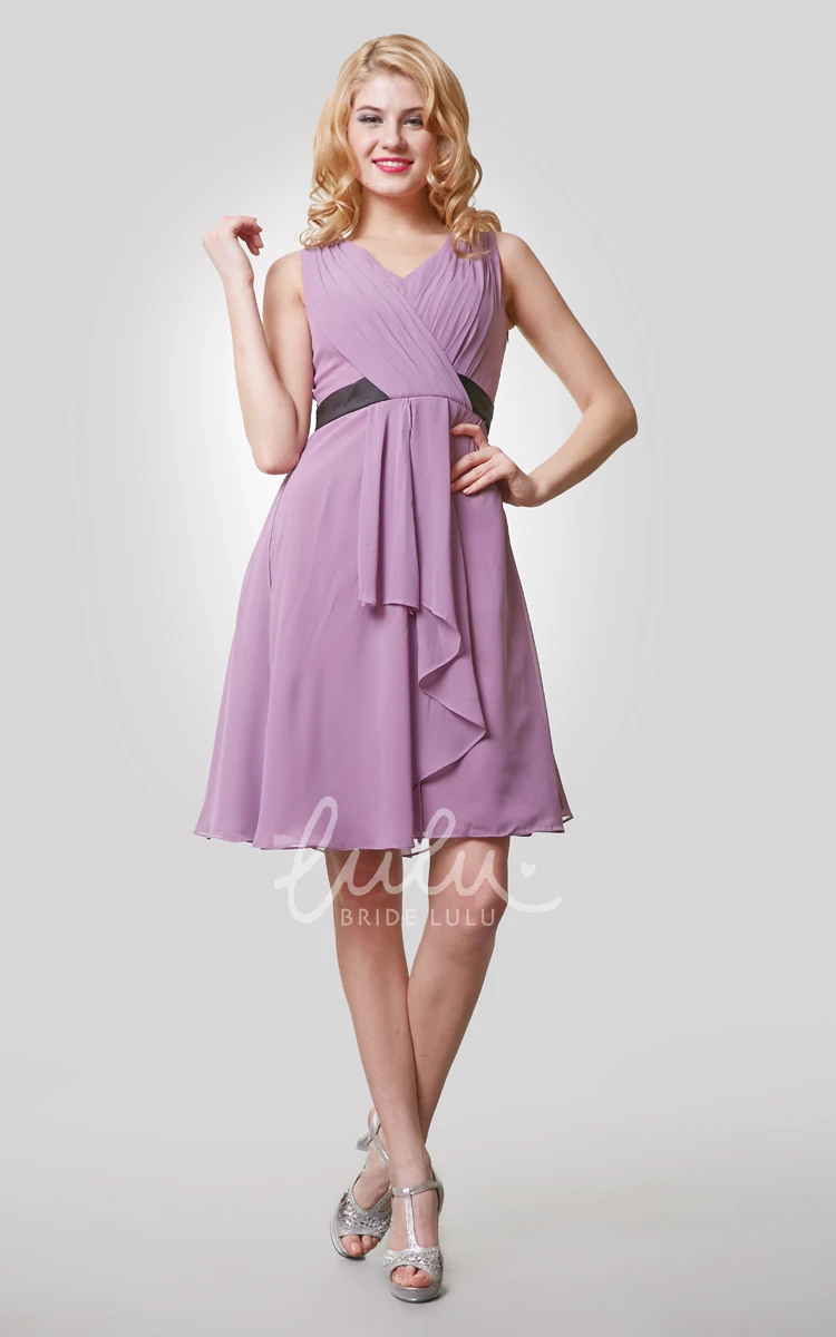 V-Neck Sleeveless Chiffon Dress With Pleats and Draping Knee Length