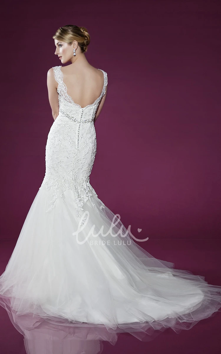 V-Neck Lace&Tulle Wedding Dress with Appliques and Pleats