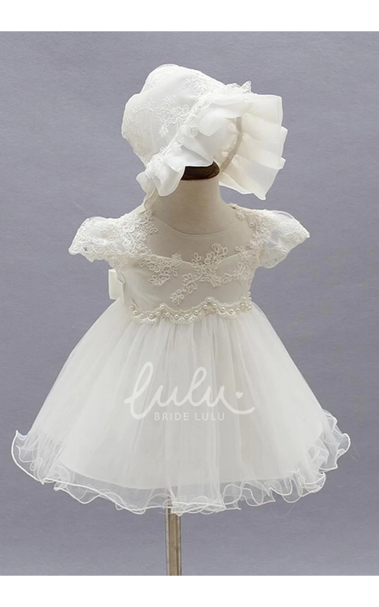 Lace Applique Pearl Christening Dress Elegant Baby Baptism Gown