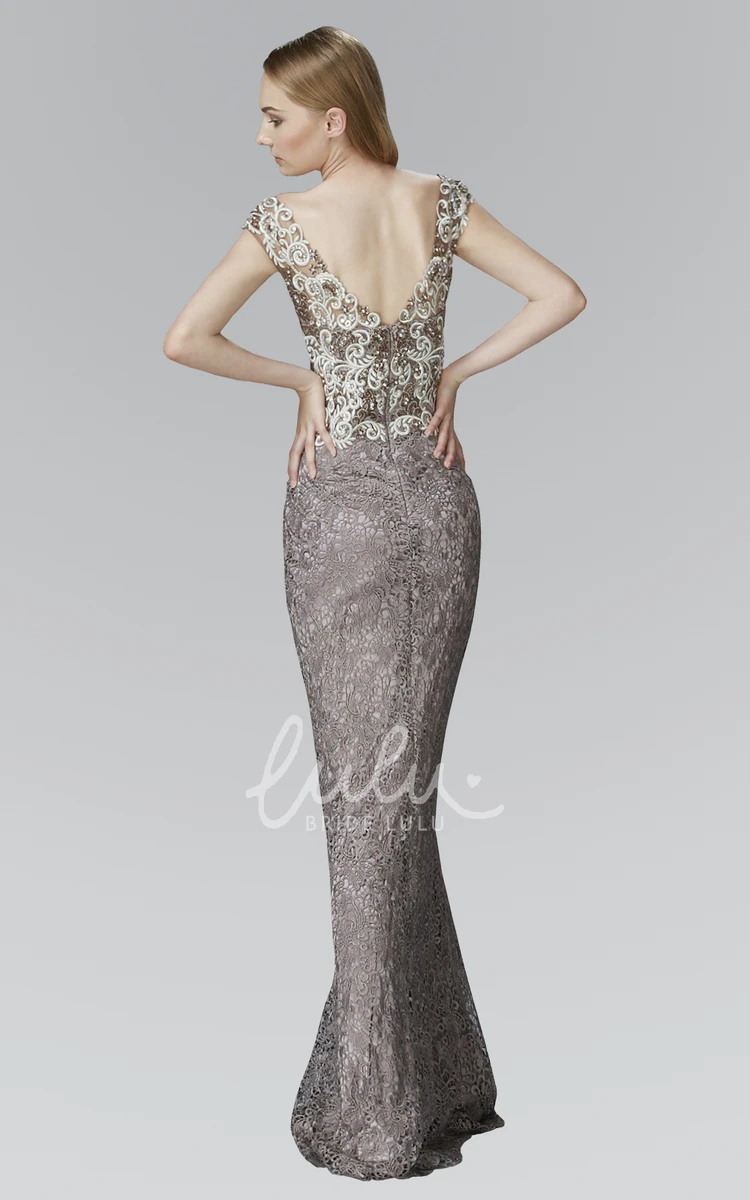 Cap-Sleeve Lace Sheath Dress with Embroidery Pleats and Low-V Back