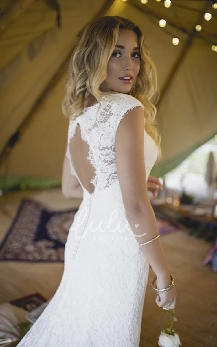 Elegant Lace Cap Sleeve Bridal Gown with V-neck and Keyhole Boho Wedding Dress