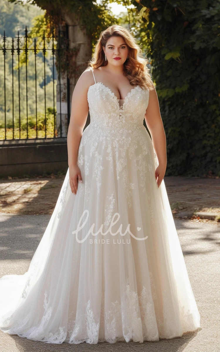 A-Line Lace Tulle Wedding Dress Plus Size Spaghetti Simple Elegant Romantic Court Train